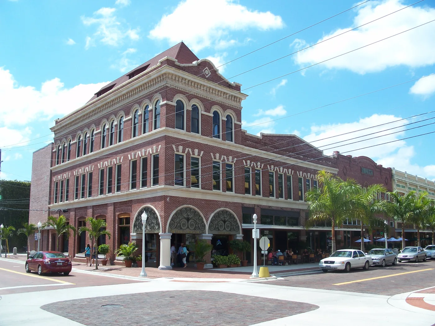A brick-paved corner in the downtown Fort Myers River District, the neighborhood ArtFest fills each February.