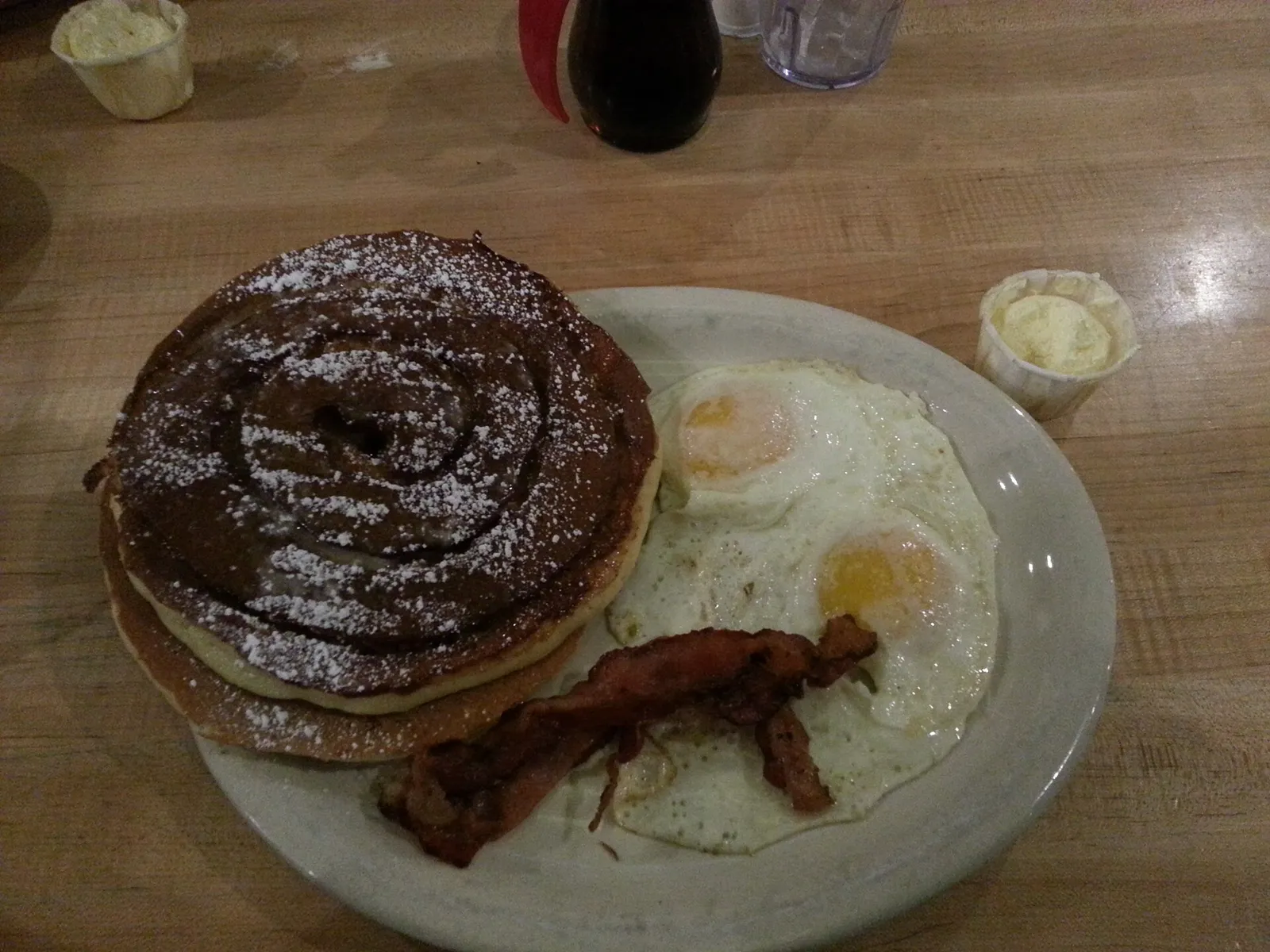 Pancakes, bacon and eggs. The photo was not taken at a Fort Myers restaurant.
