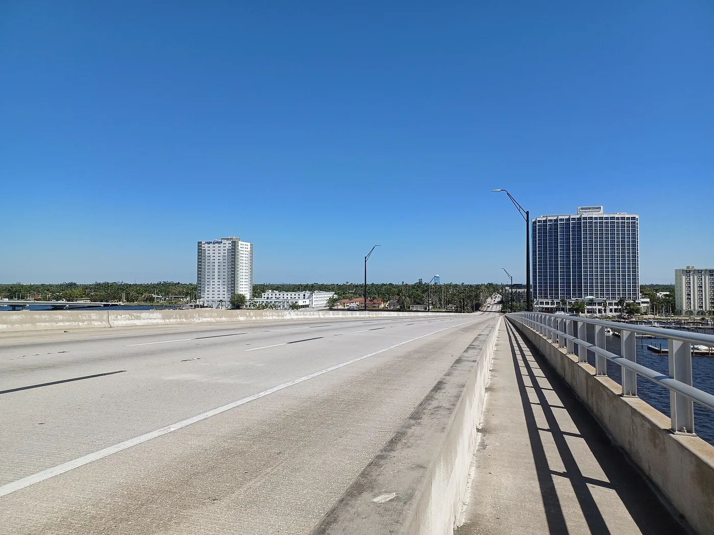 Downtown Fort Myers and the riverfront marina seen from the Edison Bridge over the Caloosahatchee River.