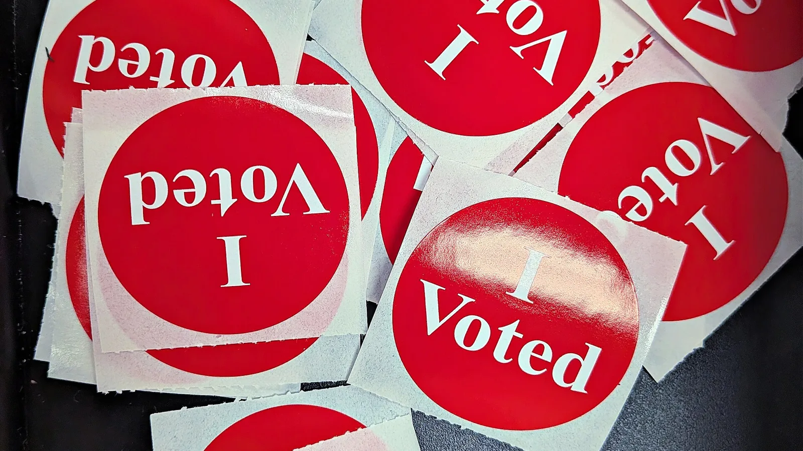 A pile of "I Voted" stickers at a polling place. The picture was not taken in Fort Myers.