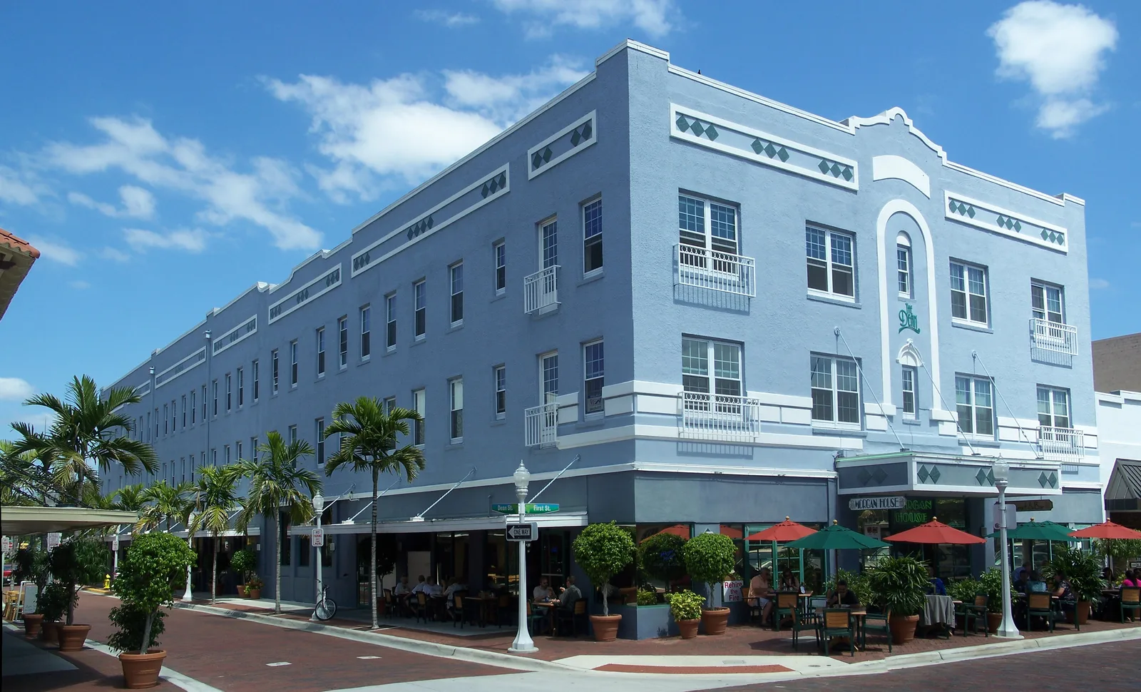 Sidewalk tables outside the Morgan Hotel building at First and Dean streets in downtown Fort Myers.