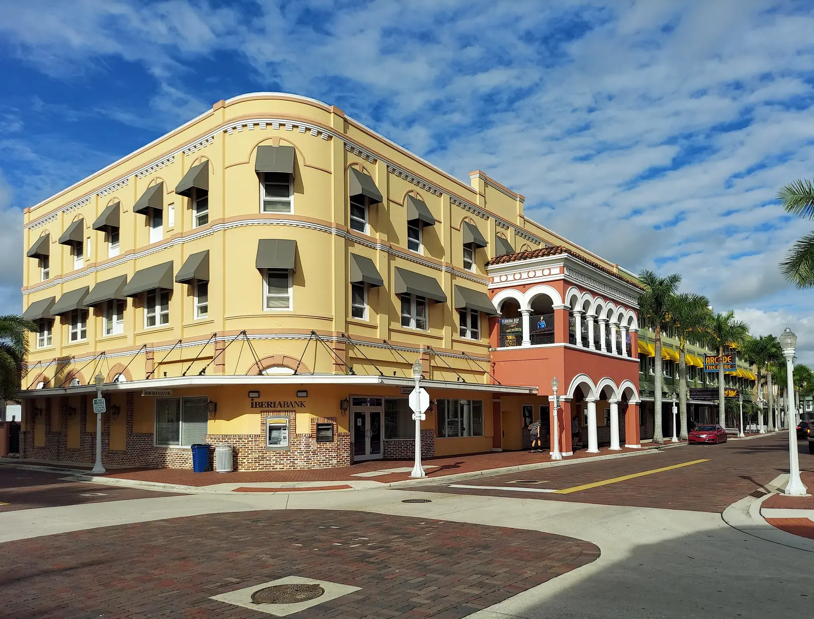 The Bradford Block and the Arcade Theatre on the brick streets of the River District in downtown Fort Myers.