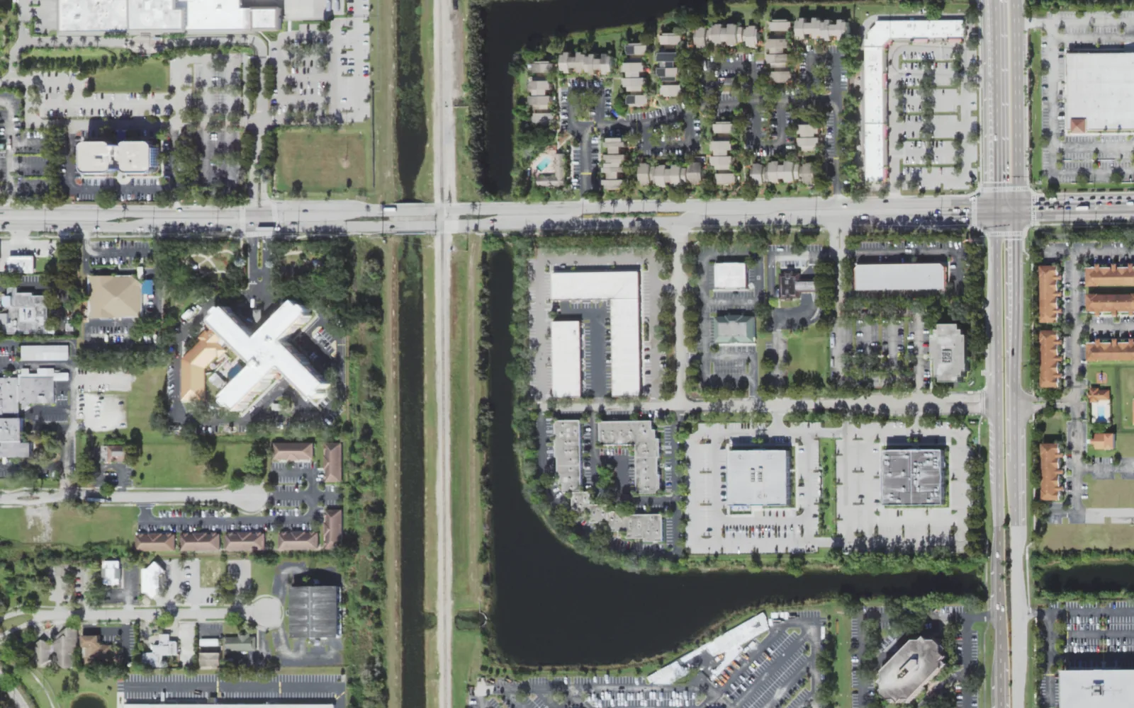The Metro Park Gardens office center on Winkler Avenue in Fort Myers, home of City of Palms Charter High School, seen from the air