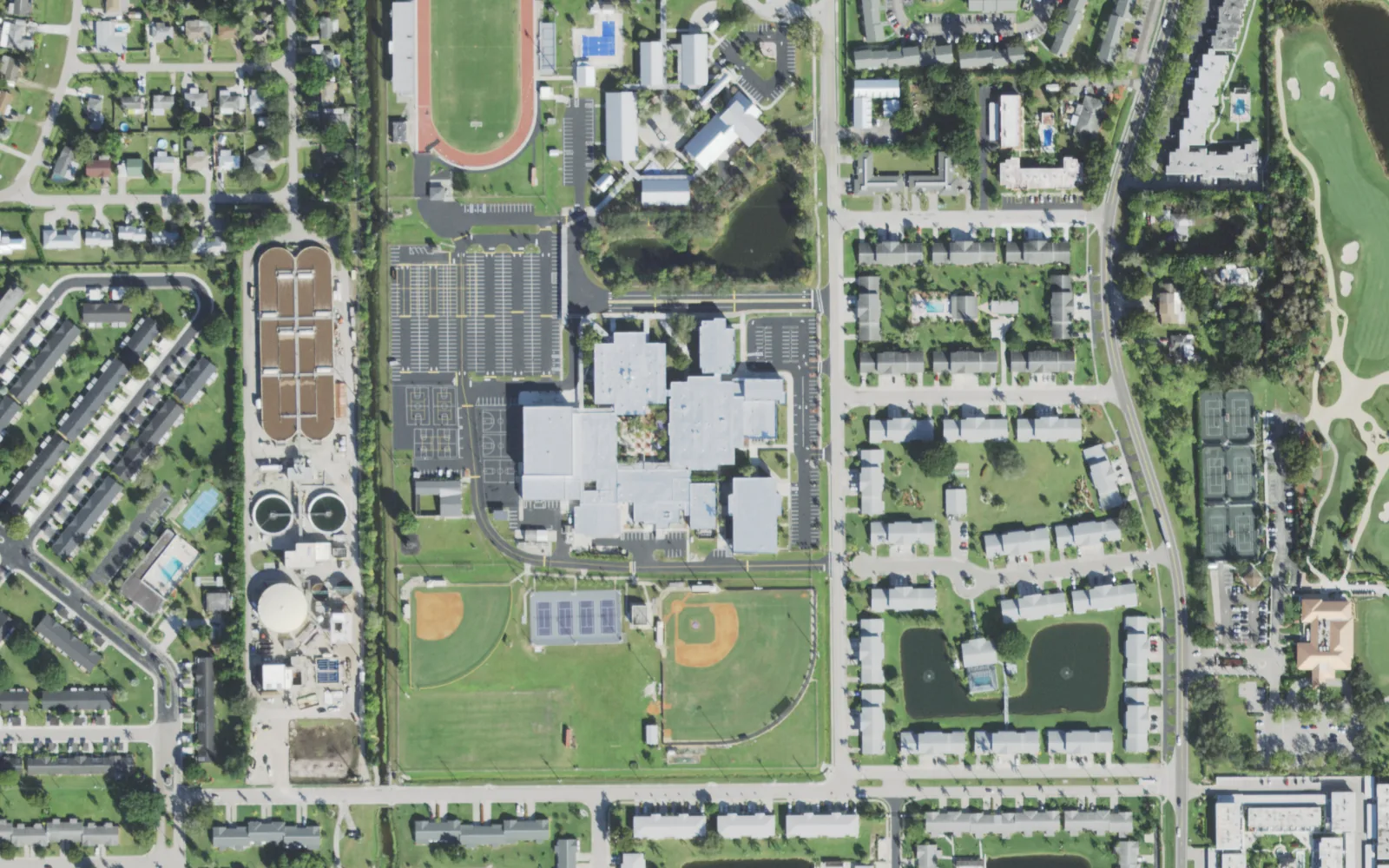 Cypress Lake High School's campus on Panther Lane in the Cypress Lake area south of Fort Myers, seen from the air