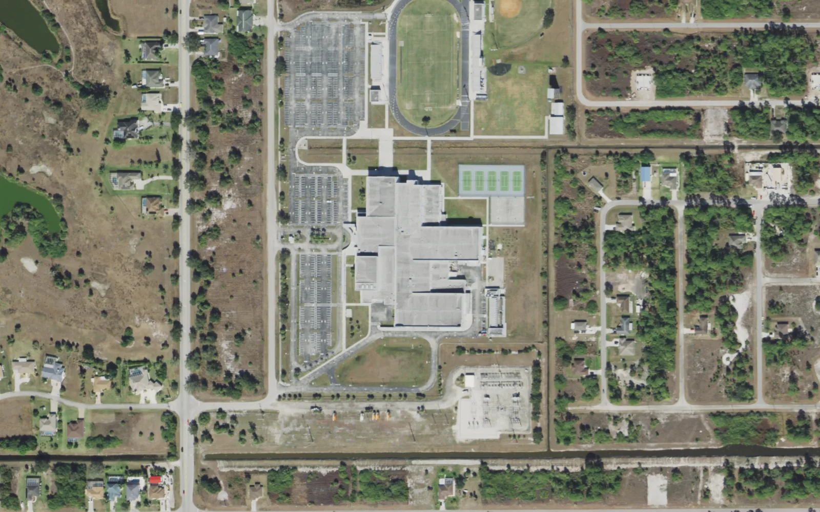 East Lee County High School's campus on Thomas Sherwin Avenue in Lehigh Acres, seen from the air