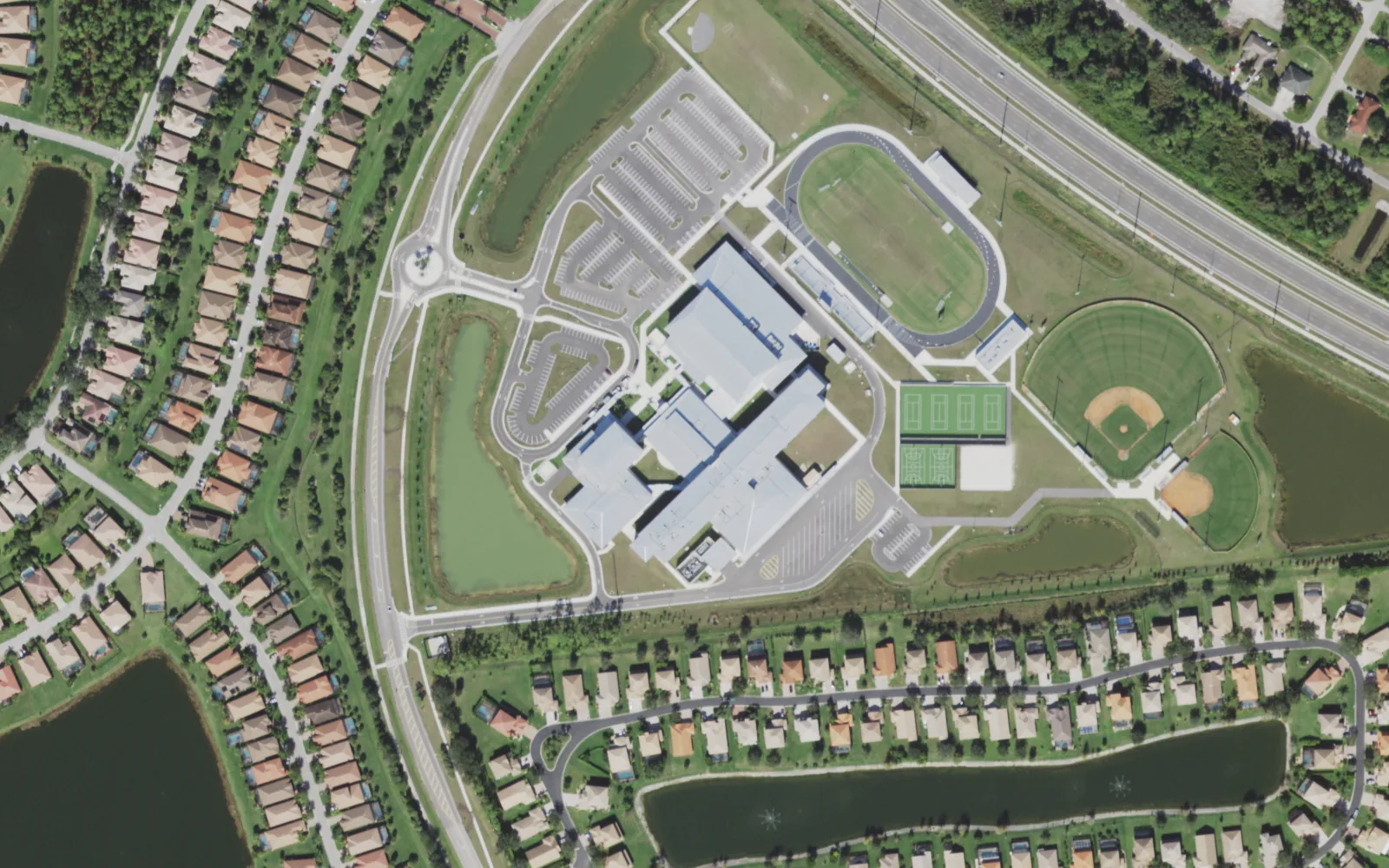 Gateway High School's campus on Griffin Drive in the Gateway community east of Fort Myers, seen from the air