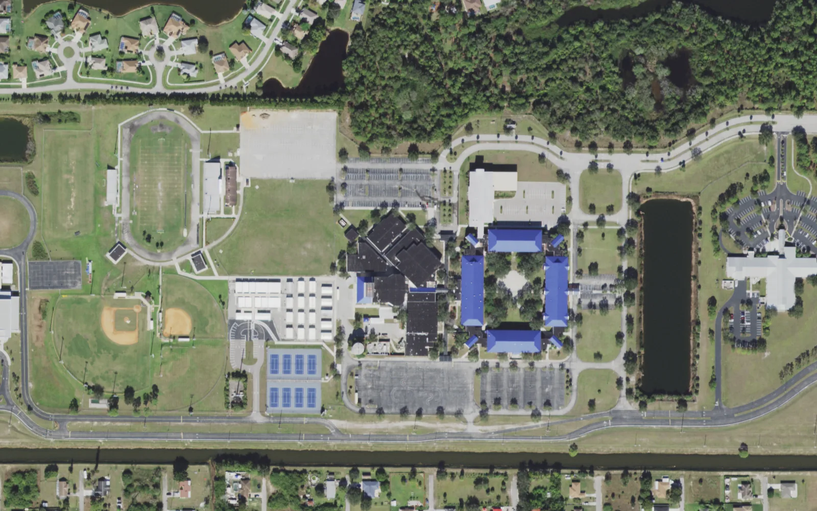 Lehigh Senior High School's campus on Gunnery Road in Lehigh Acres, seen from the air