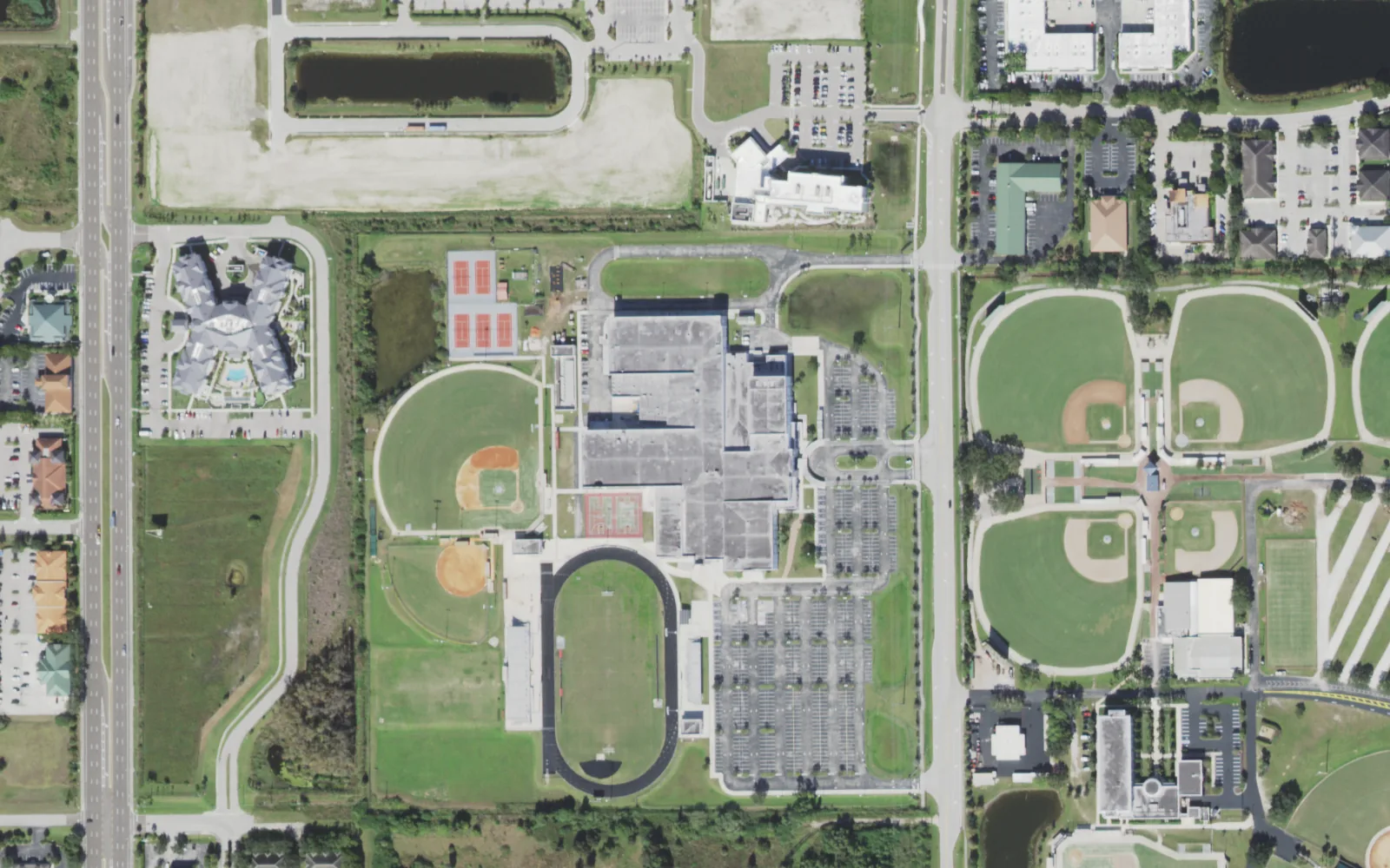 South Fort Myers High School's campus on Plantation Road, south of the Fort Myers city limits, seen from the air