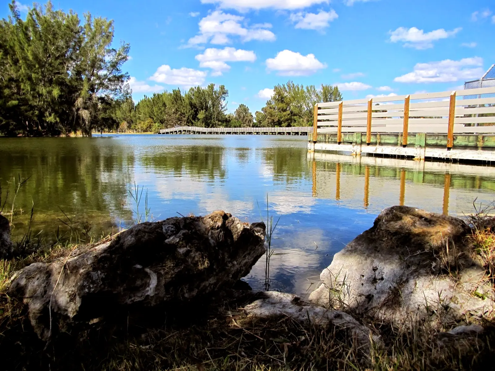 The lake and boardwalk at Lakes Park on Gladiolus Drive in Fort Myers.