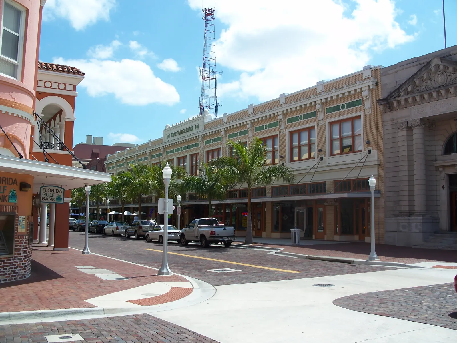 The Earnhardt Building and a brick street in the Fort Myers Downtown Commercial District.